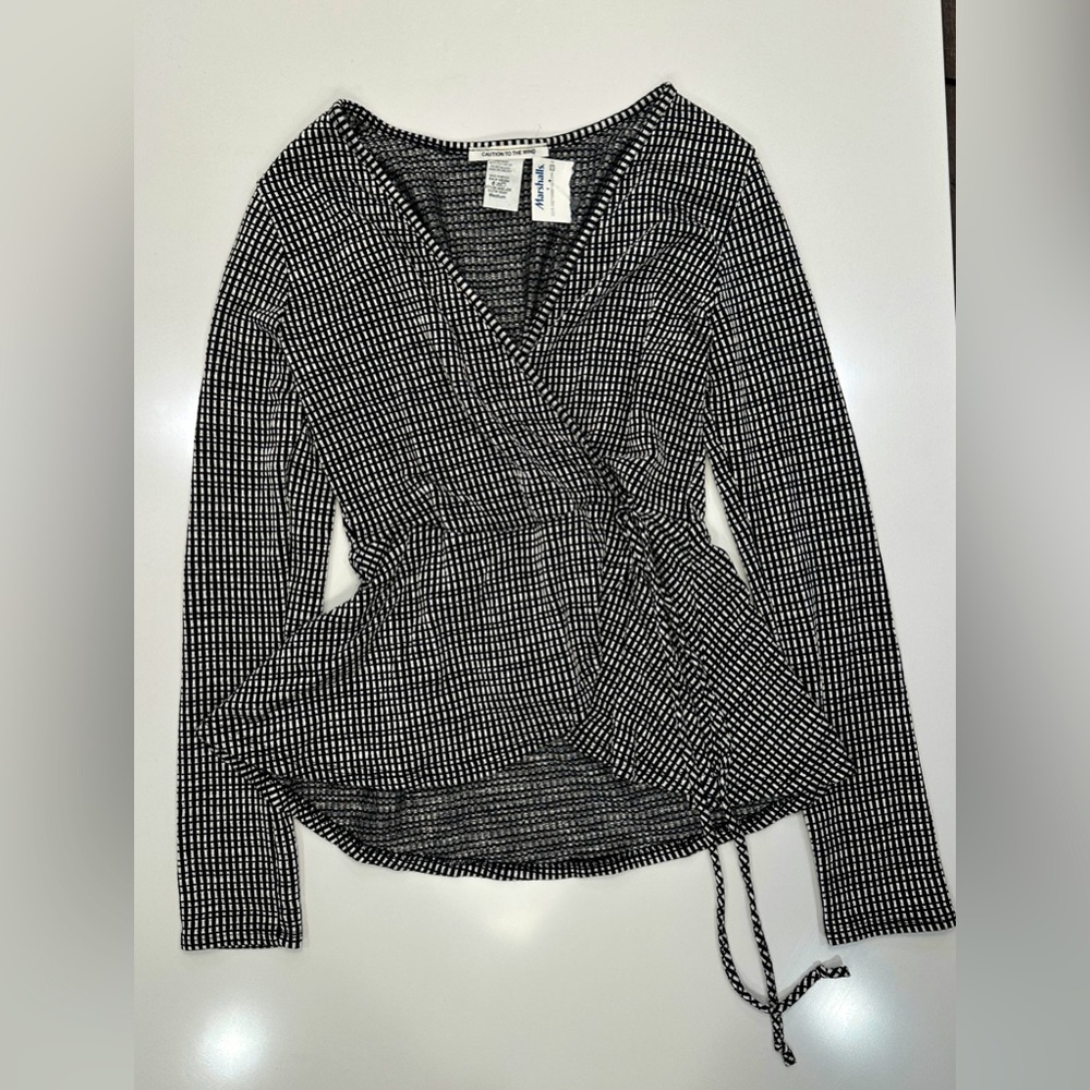 Caution To The Wind V-neck Wrap Top. Long-Sleeved Black + White Striped, NWT, M